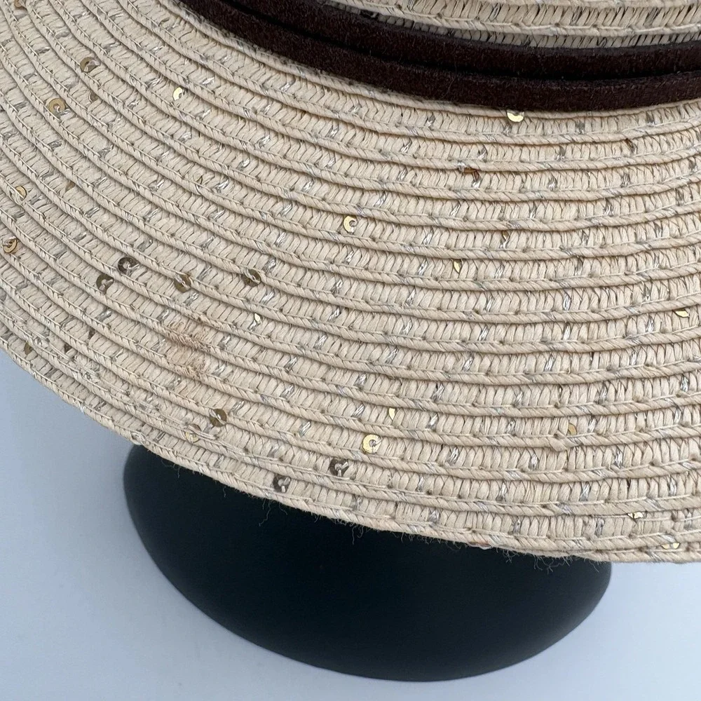 Pugs Women's Summer Straw Hat Leather Band Trim Gold Shimmer Accents